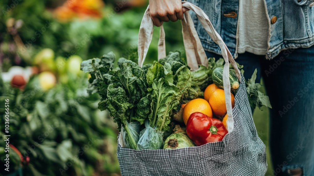 Wall mural sustainable living - person holding reusable shopping bag with fresh organic produce