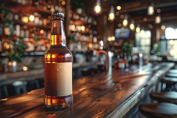 Amber beer bottle in front of a stylish bar: elegant mockup.