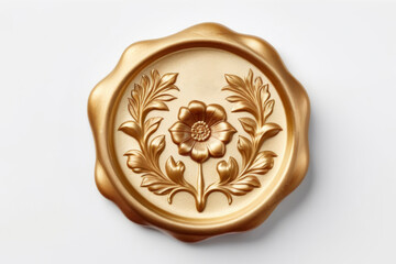 Gold wax seal with elegant floral ornament on white background, top view. Design evokes sense of sophistication and vintage charm. For invitations, weddings, letters, and retro-inspired stationery