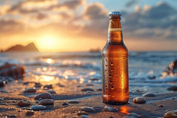 Amber beer bottle against the ocean backdrop: close-up mockup.