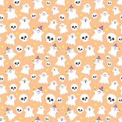 Halloween background with funny ghosts and skulls. Seamless pattern. Vector illustration