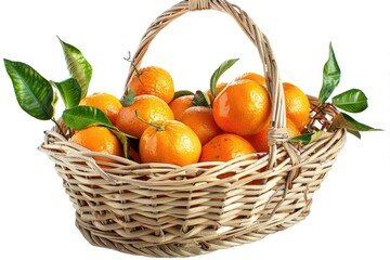 Tangerines in basket with leaves on white background.