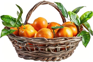 Tangerines in basket with leaves on white background.