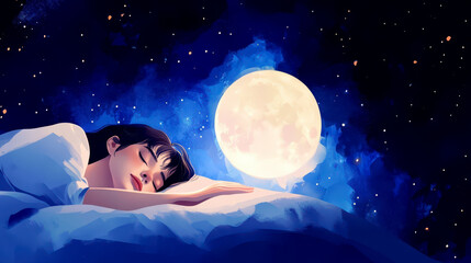 World Sleep Day. Young beautiful woman sleeping in bed. full moon background. Rest and relax. Horizontal banner. Copy space. Awareness about importance of sleep and insomnia problem Flat illustration