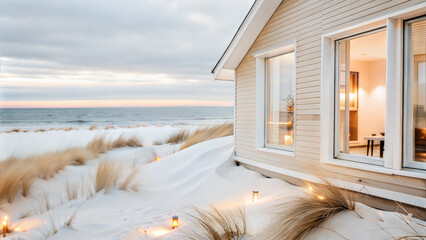 Modern coastal house with large windows overlooking serene winter beach landscape at sunset