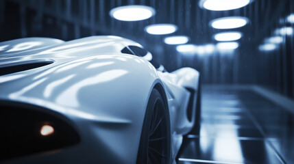 A white sports car is shown in a dimly lit room