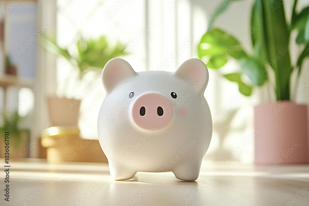 Wall mural white piggy bank standing on a table in a bright room with lots of plants, conveying a sense of home