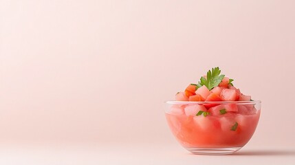 Small diced watermelon salad with parsley garnish, served in glass bowl, vibrant and refreshing dish, minimalistic presentation, pastel background


