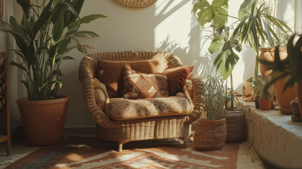 A cozy living room with a rattan chair and brown patterned cushions.  There are potted plants and an armchair with a decorative pillow, all against a blank wall in a bohemian style apartment.