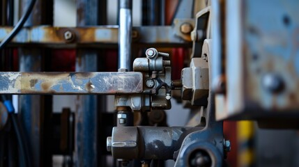 Fototapeta premium A detailed look at a forklift's hydraulic lift and control levers, with textures of metal and rubber grips, Industrial setting with precise engineering