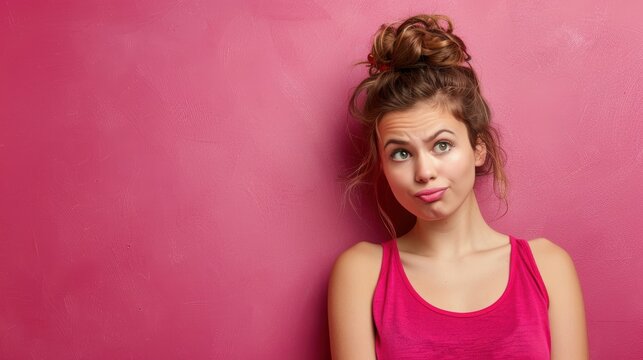 Young Woman's Skeptical Expression Against Vibrant Magenta Background for Emotional Print Design