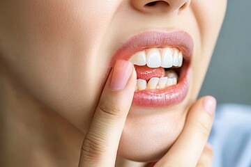Obraz premium Young woman in pain from toothache, touching cheek. Shows importance of dental care and oral hygiene. Image highlights suffering and need for treatment