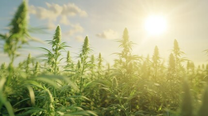 Fototapeta premium A field of marijuana plants is in full bloom, with the sun shining brightly in the background.