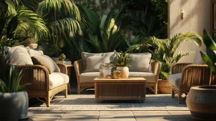 Obraz premium A cozy outdoor space with comfy furniture and potted plants. It includes rattan armchairs, a coffee table, a sofa, and houseplants, creating a relaxing boho vibe.