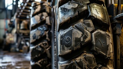 Fototapeta premium A detailed look at a forklift's tire tread and wheel hub, with textures of rubber and metal, Warehouse setting with precise elements