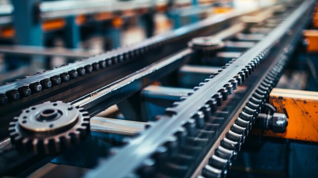 A detailed look at the conveyor belt's mechanism moving packages, with gears and belts visible, Manufacturing setting with sharp details