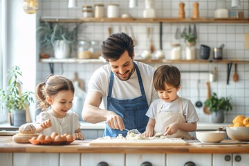 A father enjoys quality time with his two children as they bake in a well-lit kitchen, creating fun memories while learning about cooking together. Flour and ingredients are spread across the counter