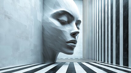 Obraz premium A woman's face is centered in a room with striped black and white floors