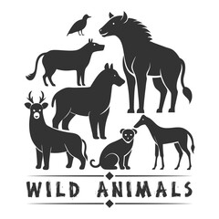 Vector black silhouette illustration set of wild forest animals