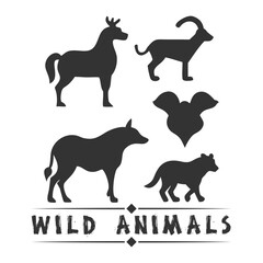 Vector black silhouette illustration set of wild forest animals