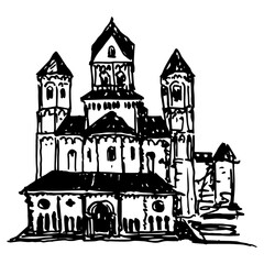 View of Maria Laach Abbey, Germany. German Romanesque architecture. Hand drawn linear doodle rough sketch. Black and white silhouette.