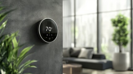 A smart home thermostat mockup mounted on a wall