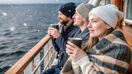 Fototapeta premium Group of friends in winter attire enjoying hot drinks on ship deck with snowy ocean view