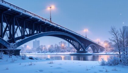 Fototapeta premium Majestic Snow-Covered Bridge Illuminated at Twilight with City Skyline Backdrop