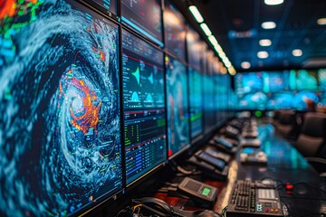 Experts assess a powerful hurricane using multiple screens displaying real-time data and projections. The control room is equipped for critical decision-making during severe weather events