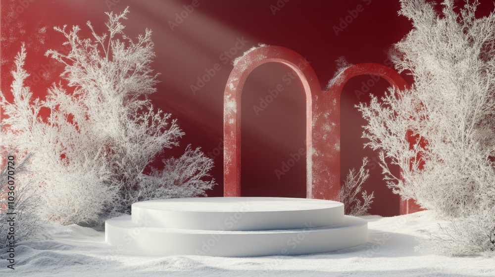 Poster A serene winter setting showcases a circular platform surrounded by frosted trees. The red backdrop highlights arch structures, creating a captivating contrast against the white snow.