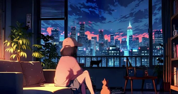A girl wearing a cap, in a night light mood sitting with her cats, and watching a video. The scene occurs in a cozy living room by the window, with a warm generated by AI