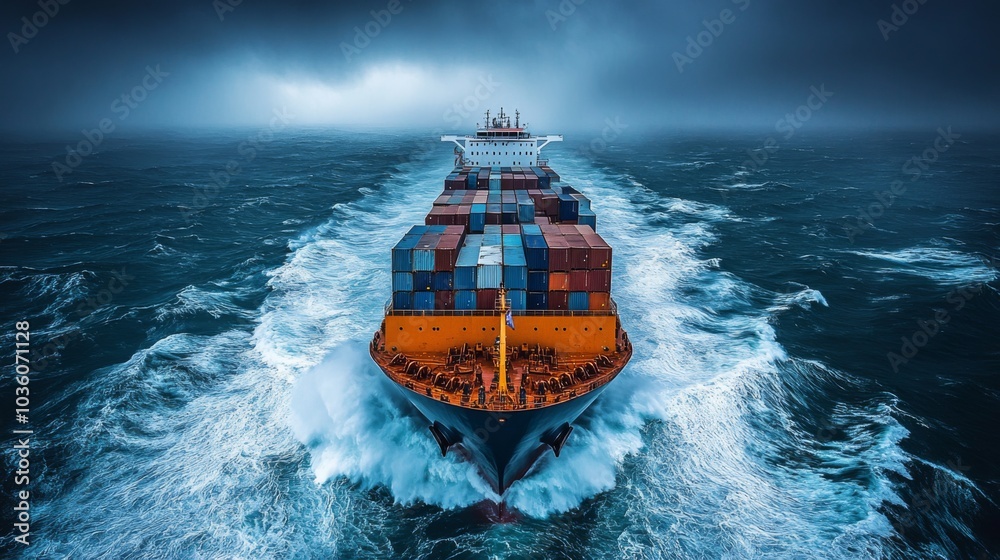 Poster a large container ship moves through turbulent ocean waters, creating white waves as it approaches a