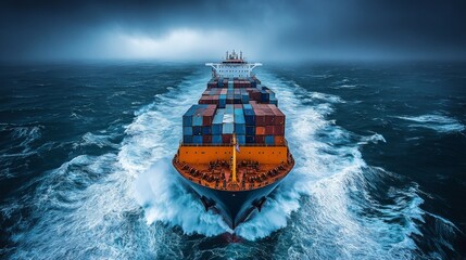 A large container ship moves through turbulent ocean waters, creating white waves as it approaches a stormy horizon, showcasing maritime resilience against nature's challenges.