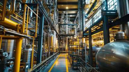A factory setting with large machines and equipment, common in chemical, oil, and manufacturing industries.