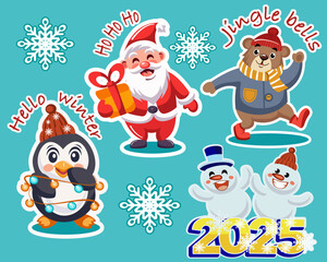 New Year's sticker with the image of Santa Claus, bear, penguin, snowmen