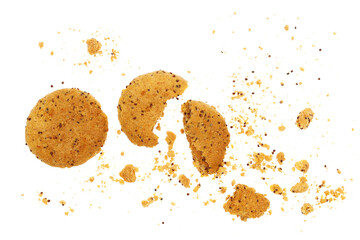 Broken savory filled biscuits with peanut filling isolated on white
