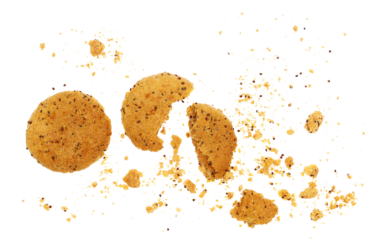 Broken savory filled biscuits with peanut filling isolated on white