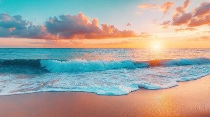 Obraz premium Beautiful sunset wtropical summer beach. panoramic tropical seascape horizon. white sand and blue sea waves, nature background, vacation in paradise concept for tourism, vivid colorful.