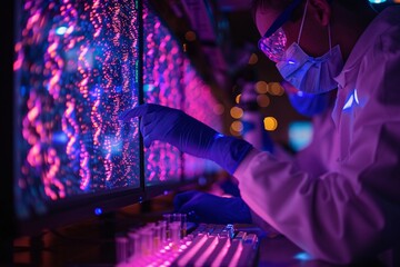 A scientist wearing protective gear examines vibrant data visualizations on screens in a laboratory. The low light highlights the colorful patterns, creating an engaging research environment