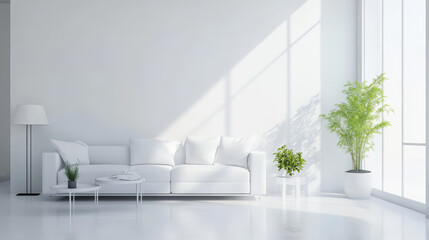 Fototapeta premium minimal and serene living room interior features white sofa, floor lamp, and potted plants, bathed in natural light from large windows. simplicity creates calming atmosphere