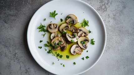A clean white plate with a few carefully arranged mushroom slices, drizzled with olive oil, resting on a smooth grey countertop in a minimalist setting