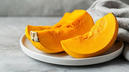 A golden-brown baked pumpkin, cut into quarters, placed on a simple white ceramic plate, with a sleek grey background and minimal props