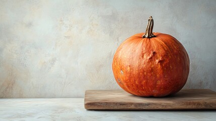A large pumpkin sitting on a smooth wooden board, with a minimalist background of soft grey tones, emphasizing the warm golden-brown hues of the pumpkin