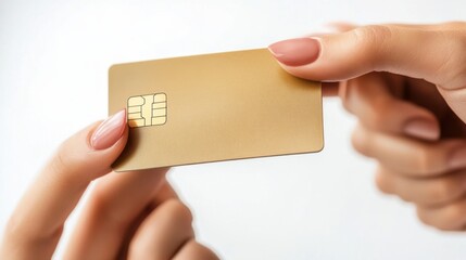 A close-up of a person holding a sleek gold SIM card with elegant nails in a bright, minimalistic backdrop during the afternoon