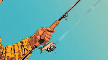   A man holds a fishing rod with a fish on the line against a blue backdrop