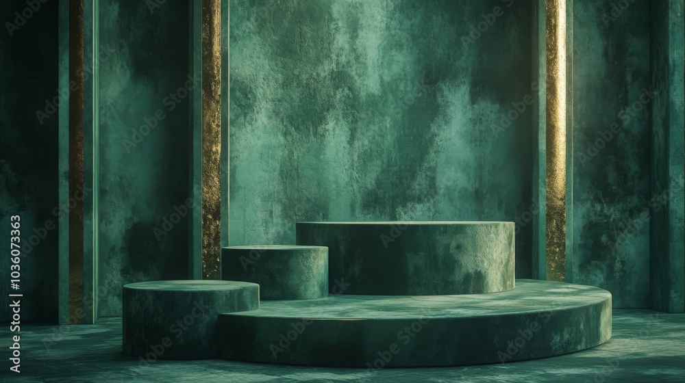Aufkleber a circular stone platform with varying heights is situated within an indoor space featuring textured