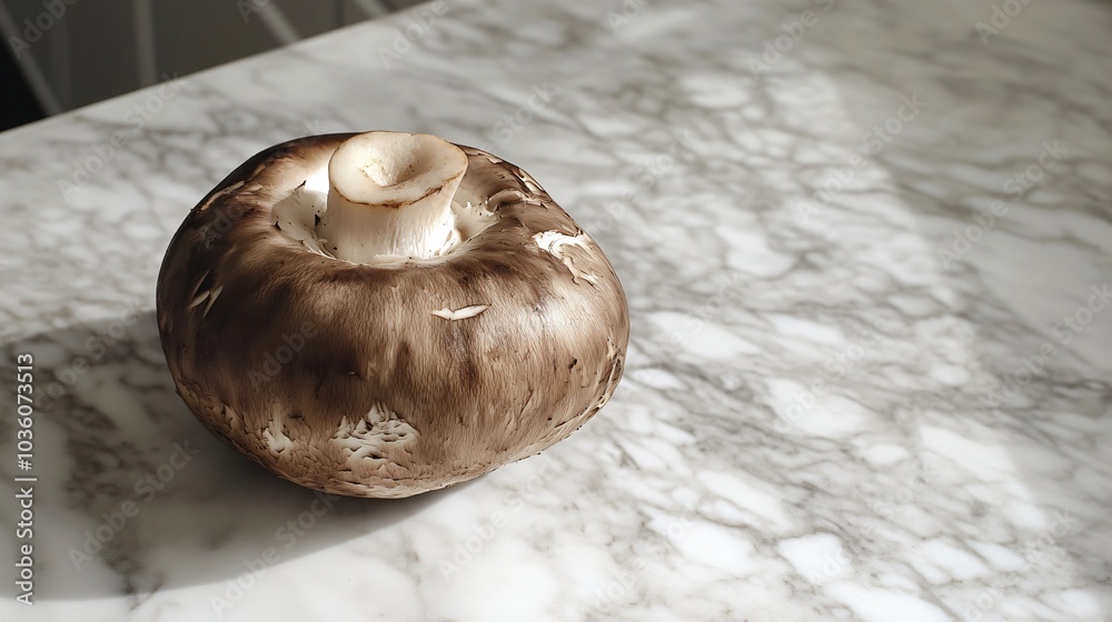 Wall mural a perfectly sauteed mushroom resting on a smooth marble countertop, with minimal shadows and a clean