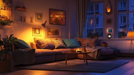 Cozy living room at night with activated smart home device