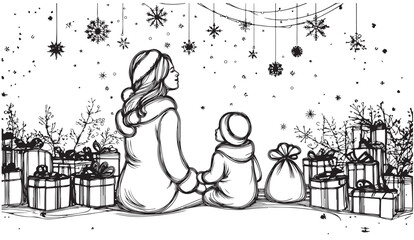 Continuous one line drawing of happy family on Christmas Day. Vector illustration.