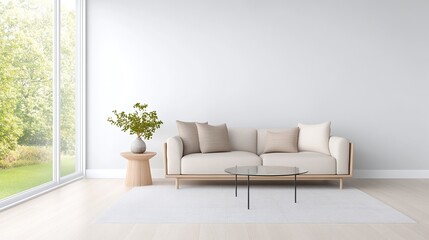 Minimalist living room with beige sofa, glass coffee table, floor-to-ceiling window view, bright and airy design, cozy and inviting space, contemporary interior, light and natural decor

